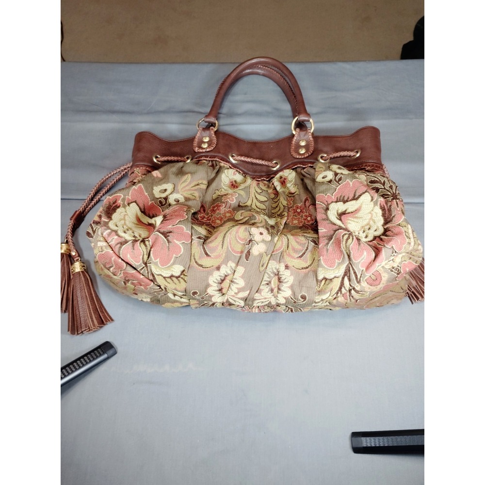 Isabella Fiore Floral Tapestry Satchel Handbag Brown Leather Trim Boho VTG Purse - Picture 9 of 16
